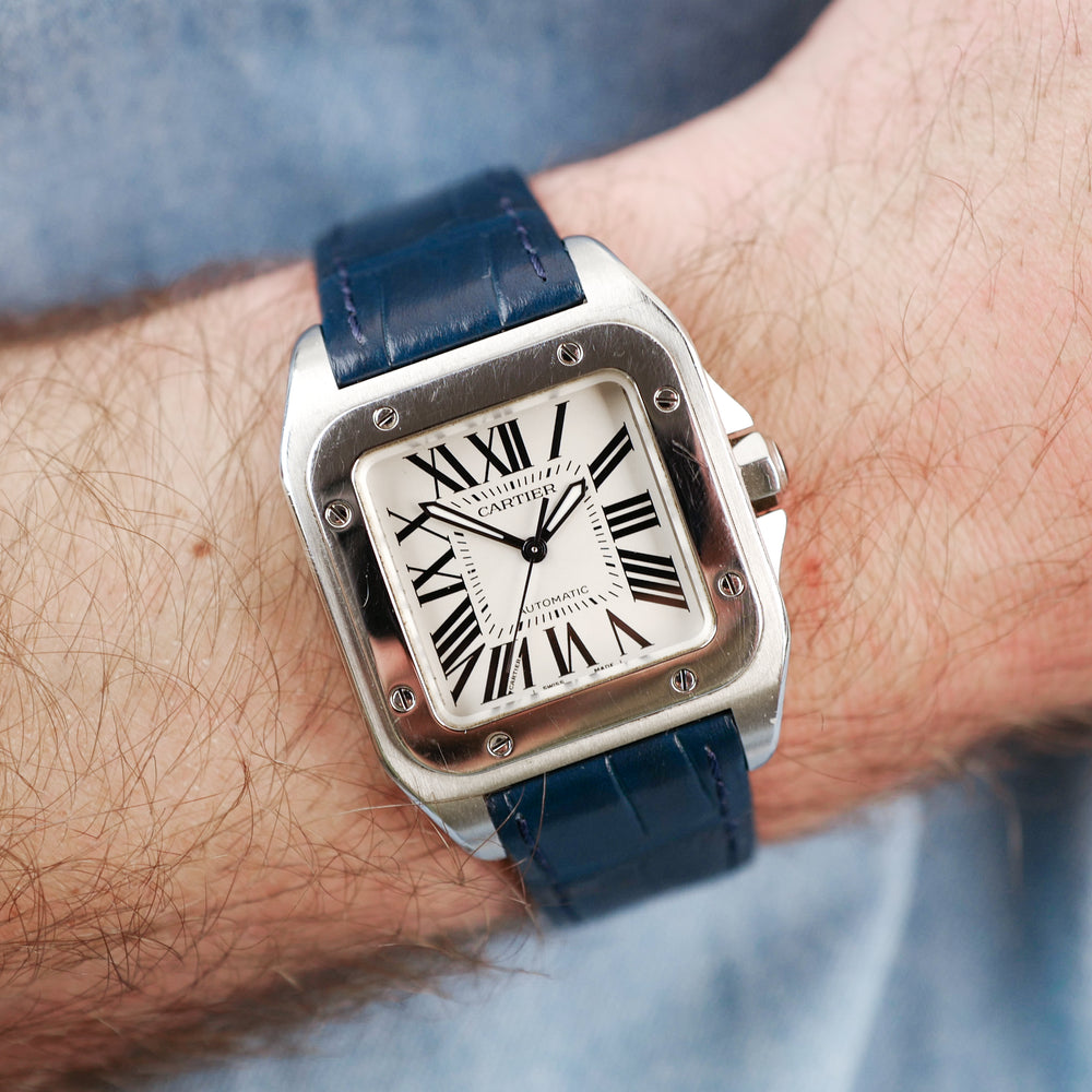 cafe noir les montres horloger marseille cartier santos 100 cuir bleu référence 2878_3