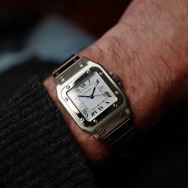 cafe noir les montres horloger marseille cartier santos acier automatique 2960 cadran blanc grand modèle automatique full set papiers boite 1980