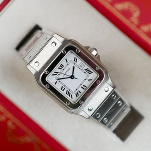 cafe noir les montres horloger marseille cartier santos acier automatique 2960 cadran blanc grand modèle automatique full set papiers boite 1980