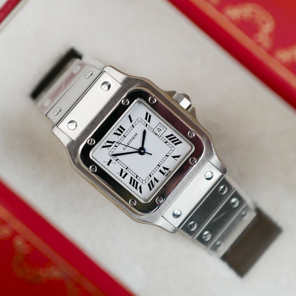 cafe noir les montres horloger marseille cartier santos acier automatique 2960 cadran blanc grand modèle automatique full set papiers boite 1980