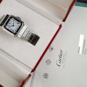 cafe noir les montres horloger marseille cartier santos acier automatique 2960 cadran blanc grand modèle automatique full set papiers boite 1980