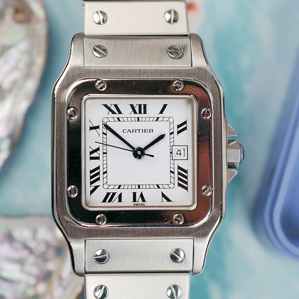 cafe noir les montres horloger marseille cartier santos acier automatique 2960 cadran blanc grand modèle automatique full set papiers boite 1980