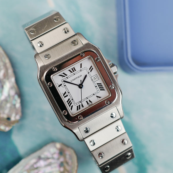 cafe noir les montres horloger marseille cartier santos acier automatique 2960 cadran blanc grand modèle automatique full set papiers boite 1980