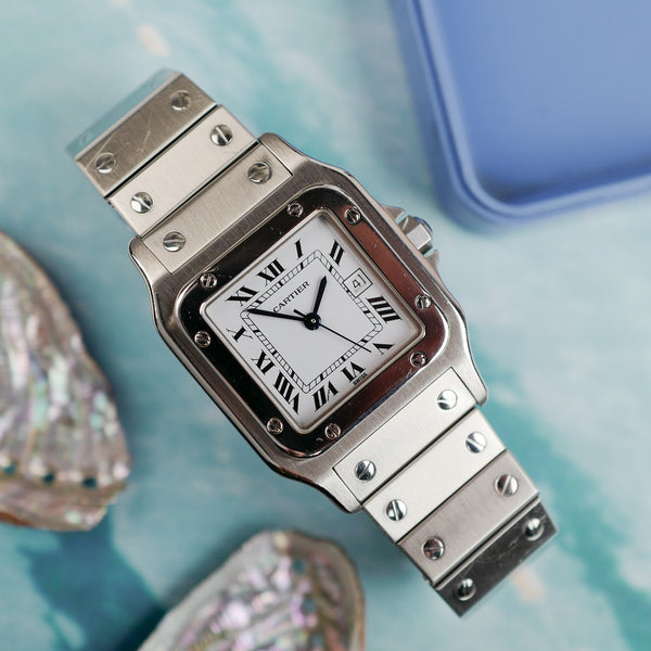 cafe noir les montres horloger marseille cartier santos acier automatique 2960 cadran blanc grand modèle automatique full set papiers boite 1980