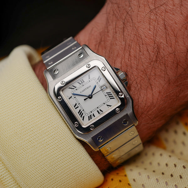 cafe noir les montres horloger marseille cartier santos acier automatique 2960 cadran blanc grand modèle automatique full set papiers boite 1980