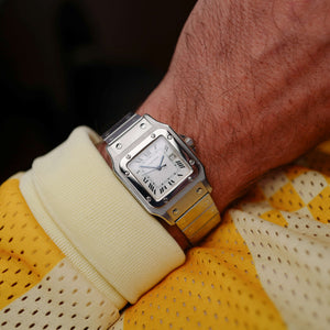 cafe noir les montres horloger marseille cartier santos acier automatique 2960 cadran blanc grand modèle automatique full set papiers boite 1980