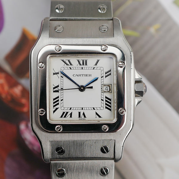 cafe noir les montres horloger marseille cartier santos acier automatique 2960 cadran blanc grand modèle automatique full set papiers boite 1980