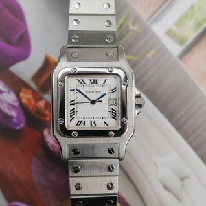 cafe noir les montres horloger marseille cartier santos acier automatique 2960 cadran blanc grand modèle automatique full set papiers boite 1980
