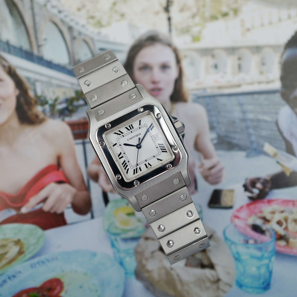 cafe noir les montres horloger marseille cartier santos acier automatique 2960 cadran blanc grand modèle automatique full set papiers boite 1980