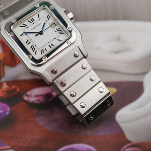 cafe noir les montres horloger marseille cartier santos acier automatique 2960 cadran blanc grand modèle automatique full set papiers boite 1980