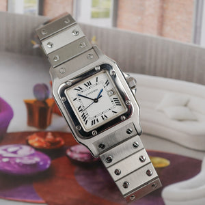 cafe noir les montres horloger marseille cartier santos acier automatique 2960 cadran blanc grand modèle automatique full set papiers boite 1980