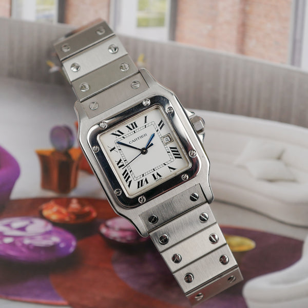 cafe noir les montres horloger marseille cartier santos acier automatique 2960 cadran blanc grand modèle automatique full set papiers boite 1980