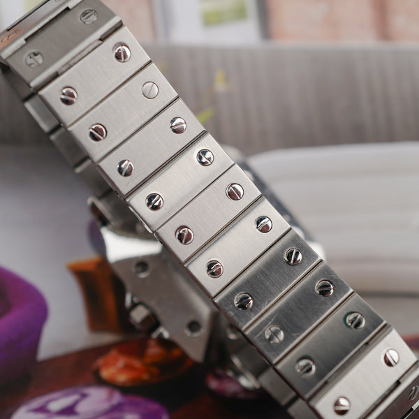 cafe noir les montres horloger marseille cartier santos acier automatique 2960 cadran blanc grand modèle automatique full set papiers boite 1980