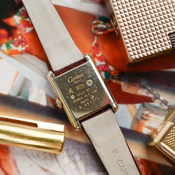 cafe noir les montres vintage horloger marseille montres cartier tank must mecanique manuelle vintage PM petit modele taille femme cadran burgundy bordeaux rouge laqué vintage