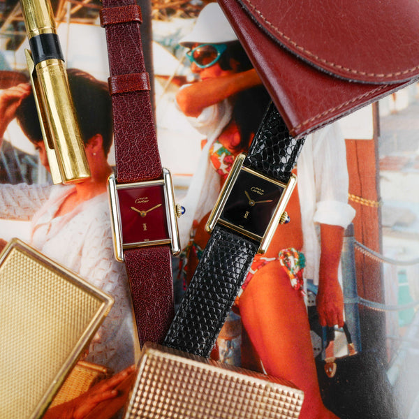 cafe noir les montres vintage horloger marseille montres cartier tank must mecanique manuelle vintage PM petit modele taille femme cadran burgundy bordeaux rouge laqué vintage