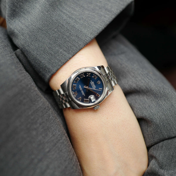 cafe noir les montres vintage horloger marseille rolex oyster perpetual datejust 31 ref 178240 cadran bleu sur jubilee et chiffres romains
