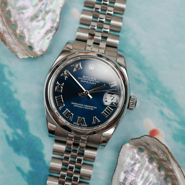 cafe noir les montres vintage horloger marseille rolex oyster perpetual datejust 31 ref 178240 cadran bleu sur jubilee et chiffres romains