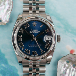 cafe noir les montres vintage horloger marseille rolex oyster perpetual datejust 31 ref 178240 cadran bleu sur jubilee et chiffres romains