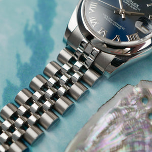 cafe noir les montres vintage horloger marseille rolex oyster perpetual datejust 31 ref 178240 cadran bleu sur jubilee et chiffres romains