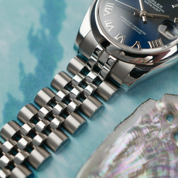 cafe noir les montres vintage horloger marseille rolex oyster perpetual datejust 31 ref 178240 cadran bleu sur jubilee et chiffres romains