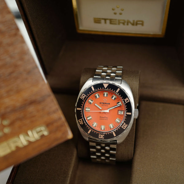 cafe noir les montres vintage horlogerie marseille aix cafe noir montres vintage marseille eterna sonic kontiki mouvement tunning fork ETERNA 1550 full set stickers orange dial gay freres strap