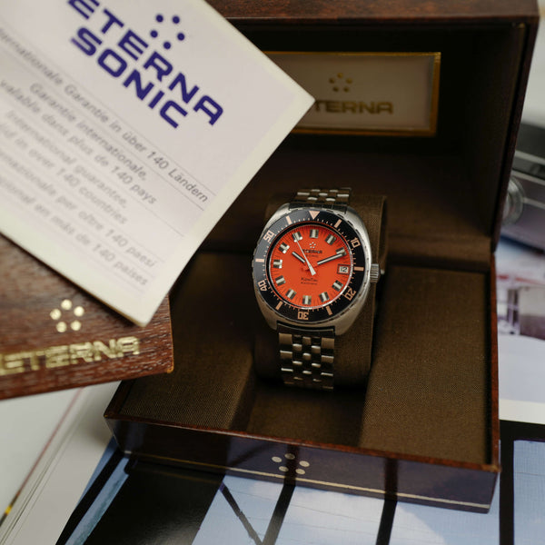 cafe noir les montres vintage horlogerie marseille aix cafe noir montres vintage marseille eterna sonic kontiki mouvement tunning fork ETERNA 1550 full set stickers orange dial gay freres strap