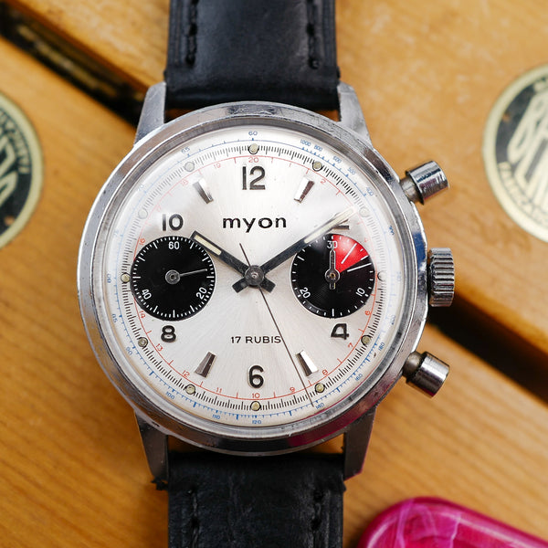 Café noir les montres vintage Myon chronographe racing vintage Valjoux 7733 1970