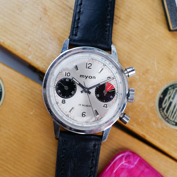 Café noir les montres vintage Myon chronographe racing vintage Valjoux 7733 1970
