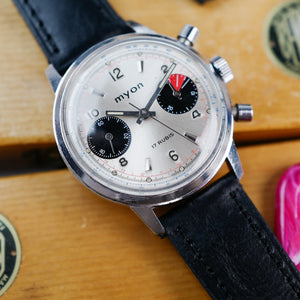 Café noir les montres vintage Myon chronographe racing vintage Valjoux 7733 1970