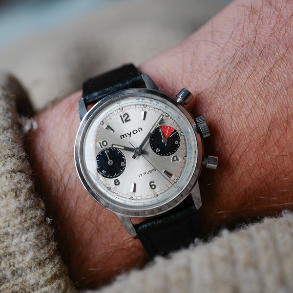 Café noir les montres vintage Myon chronographe racing vintage Valjoux 7733 1970