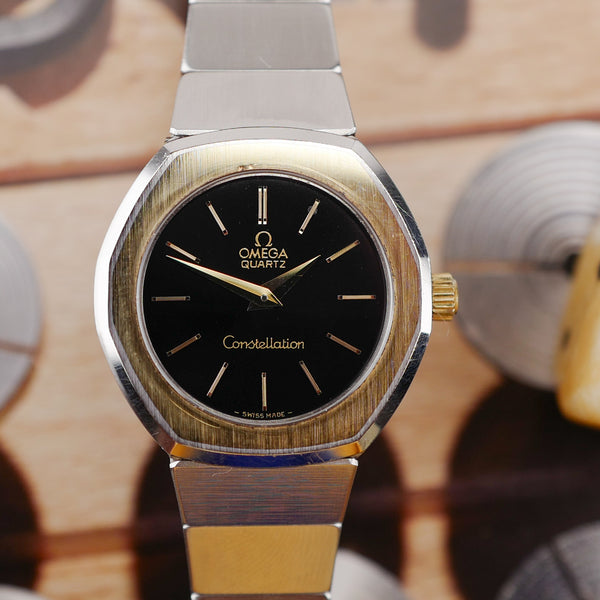cafe noir les montres vintage omega constellation femme or acier 595 0001 795 0800 cadran noir bicolor 28 mm mini 1977