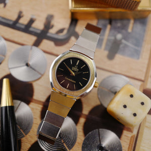 cafe noir les montres vintage omega constellation femme or acier 595 0001 795 0800 cadran noir bicolor 28 mm mini 1977