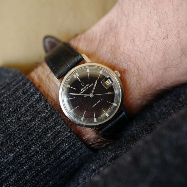 cafe noir montre horloger marseille viontage universal geneve polerouter patine microrotor marron_2