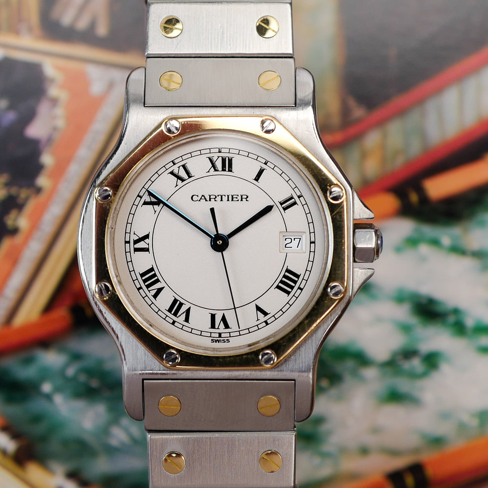 Café noir montre vintage Marseille horloger Cartier Santos octogonale quartz bicolore 1990