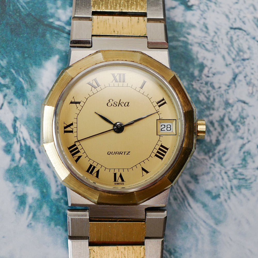 Café noir montre vintage Marseille horloger Eska bicolore quartz années 1980