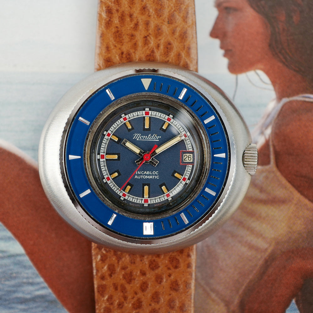 Café noir montre vintage Marseille horloger Montdor pebble mini plongeuse femme 1970
