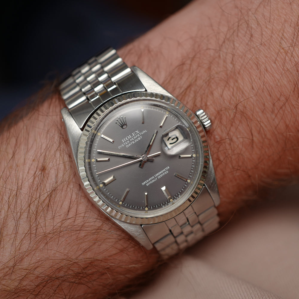 Café noir montre vintage Marseille horloger Rolex Datejust 1601 grey Sigma dial 1976