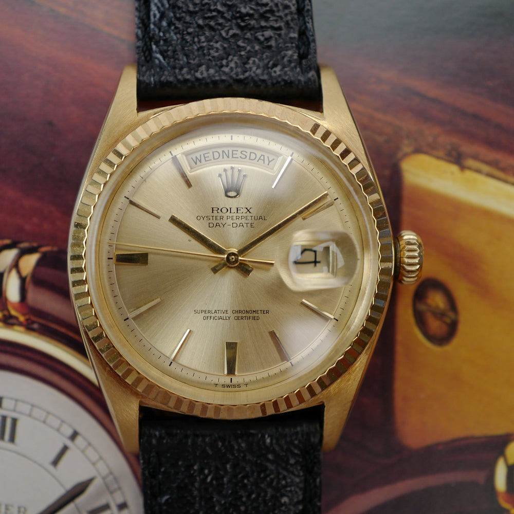 Café noir montre vintage Marseille horloger Rolex Day Date 1803 no lume 1979