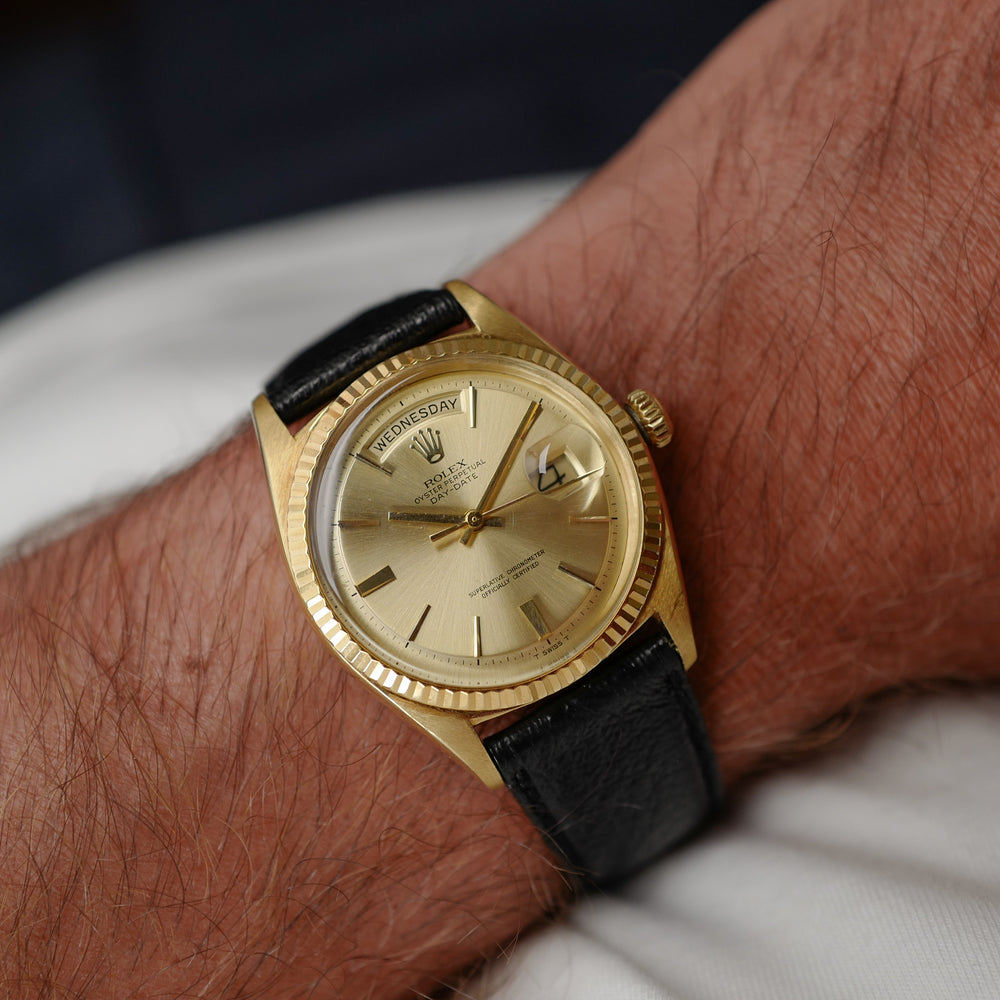 Café noir montre vintage Marseille horloger Rolex Day Date 1803 no lume 1979