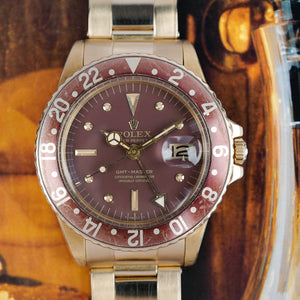 Café noir montre vintage Marseille horloger Rolex GMT Master 1675 or jaune rootbeer 1973