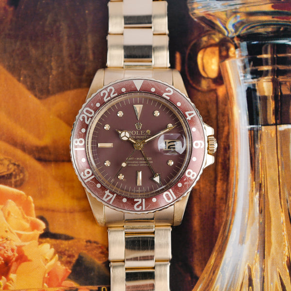 Café noir montre vintage Marseille horloger Rolex GMT Master 1675 or jaune rootbeer 1973