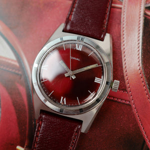 Café noir montre vintage Marseille horloger Terval burgundy dial extra plate automatique 1970