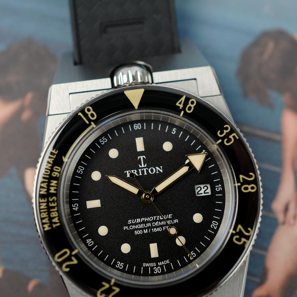 Café noir montre vintage Marseille horloger Triton Subphotique Marine nationale plongeur démineur