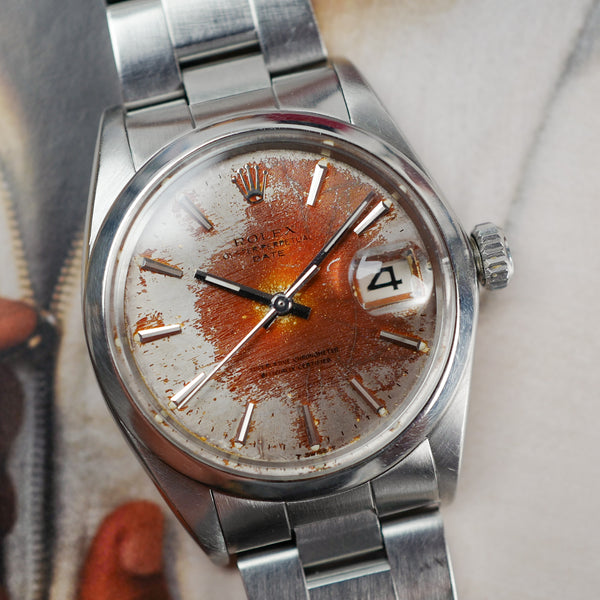 Café noir montres Aix horloger Rolex Oyster 34 Perpetual date 1500 tropical tritium patine vintage 1969