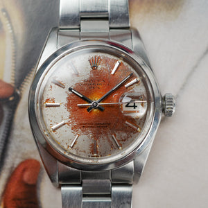 Café noir montres Aix horloger Rolex Oyster 34 Perpetual date 1500 tropical tritium patine vintage 1969