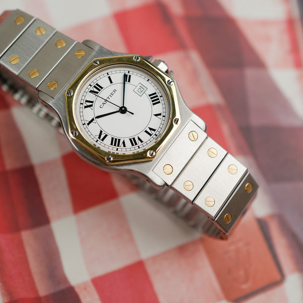 cafe noir montres horloger marseille boite papiers service full set Cartier Santos octogonale GM or et acier réf 2966 bicolore vintage 1990