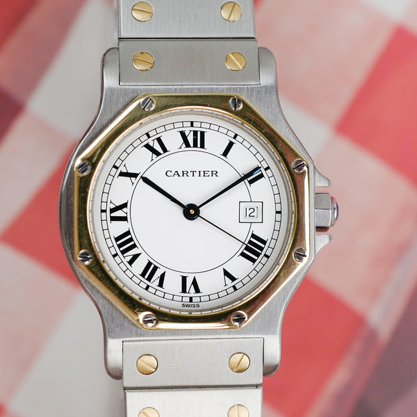 cafe noir montres horloger marseille boite papiers service full set Cartier Santos octogonale GM or et acier réf 2966 bicolore vintage 1990
