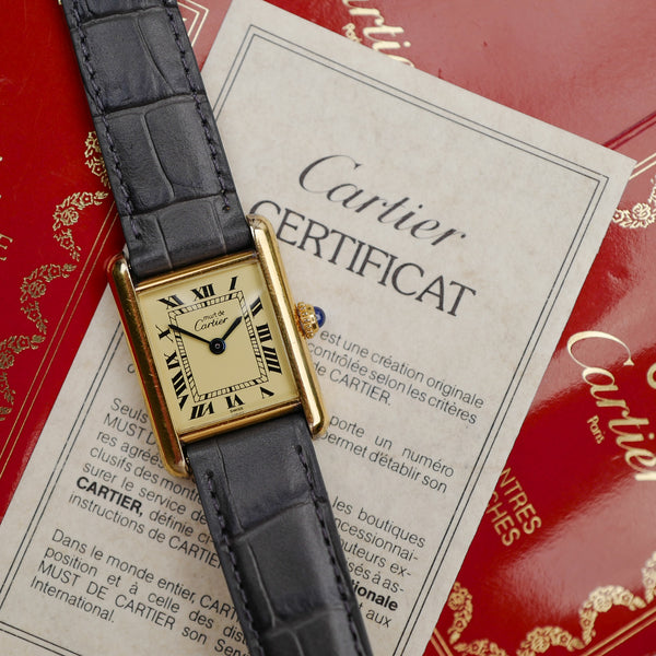 cafe noir montres horloger marseille cartier tank must mécanique pour femme vermeil petit modèle or chiffres romains bracelet vert full set