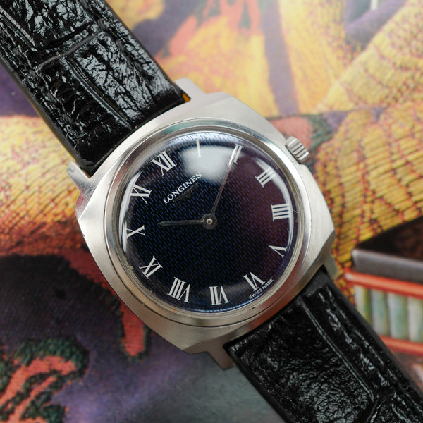 Cadran tapisserie bleu nuit Longines à chiffres romains