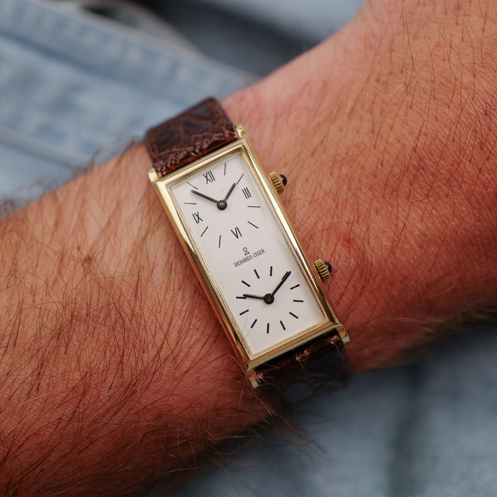 montre cafe noir les montres richards zeger tank curvex dorée double fuseaux gmt